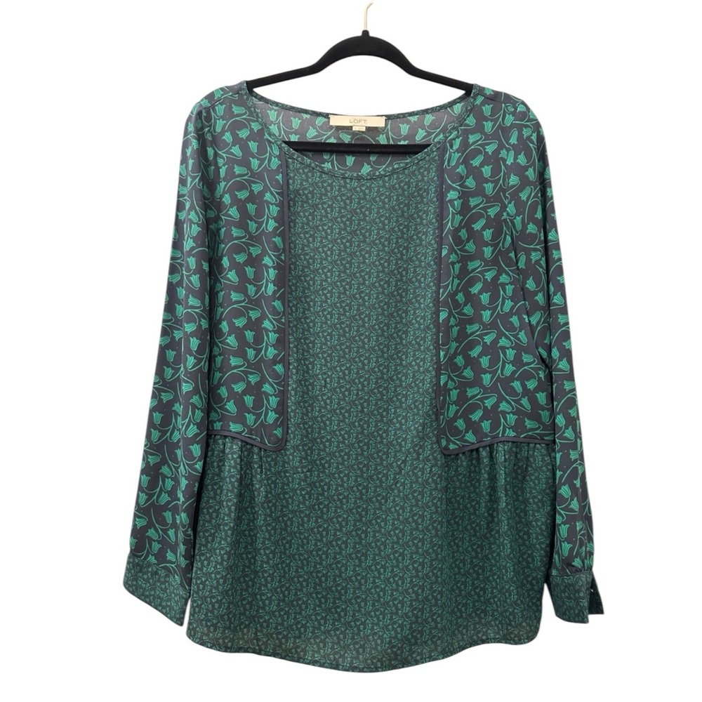 LOFT Women's Floral Print Long Sleeve Blouse Green Navy Peplum Top Sz Small EUC